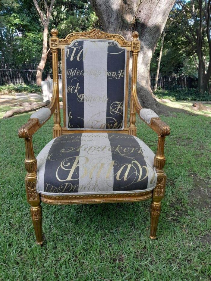 A French Style Set Of Four Ornately Carved And Gilded Armchairs In A Custom-Made Stripe And Script Linen (Also Sold As Pairs SKU 3109) - Image 7
