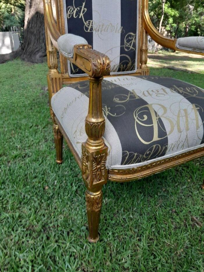 A French Style Set Of Four Ornately Carved And Gilded Armchairs In A Custom-Made Stripe And Script Linen (Also Sold As Pairs SKU 3109) - Image 8