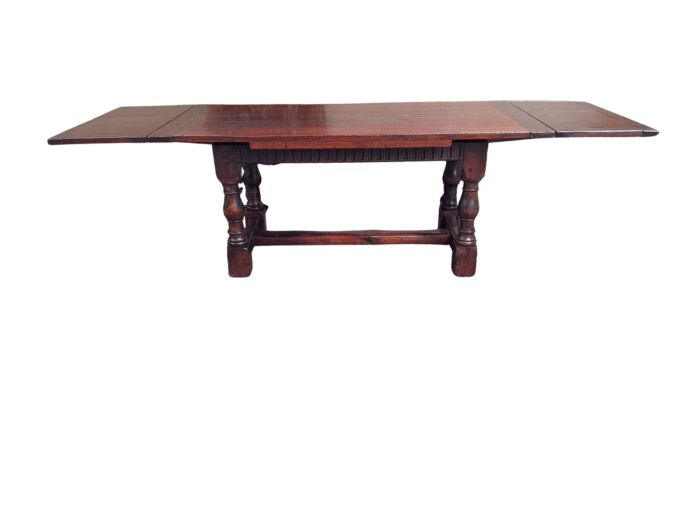 An Antique 19th Century Oak Refectory Table On Stretcher Base With Two Drawer Leaves (8-10 Seater)