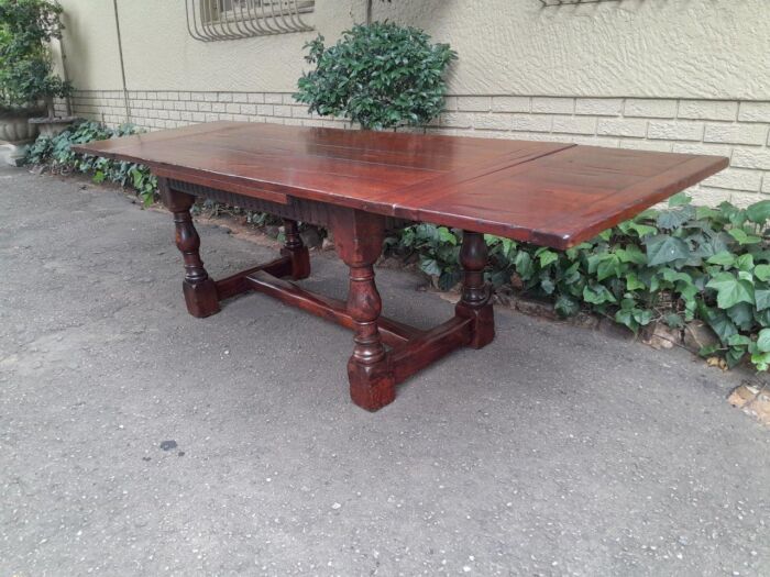 An Antique 19th Century Oak Refectory Table On Stretcher Base With Two Drawer Leaves (8-10 Seater) - Image 3