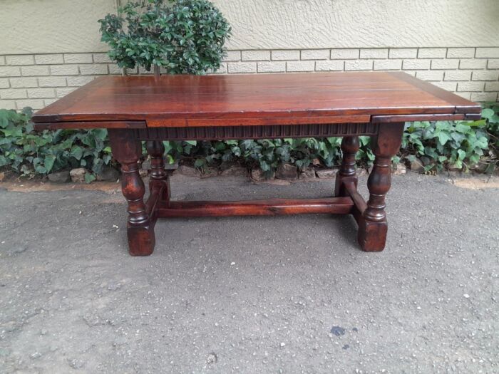 An Antique 19th Century Oak Refectory Table On Stretcher Base With Two Drawer Leaves (8-10 Seater) - Image 5
