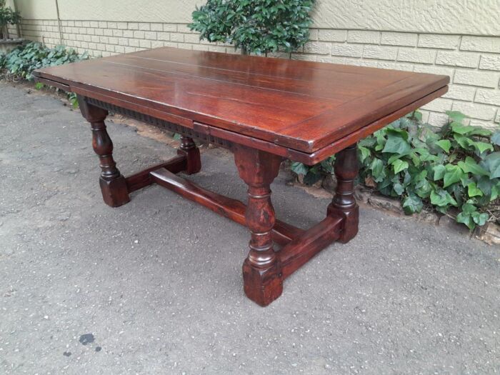An Antique 19th Century Oak Refectory Table On Stretcher Base With Two Drawer Leaves (8-10 Seater) - Image 6
