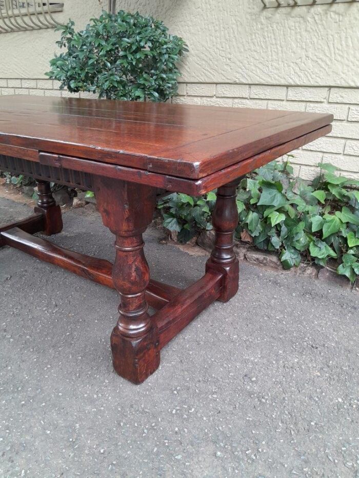 An Antique 19th Century Oak Refectory Table On Stretcher Base With Two Drawer Leaves (8-10 Seater) - Image 7