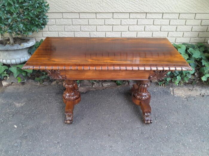 An Antique Victorian Rosewood Library Table / Side / Sofa Table On Castors - Image 4