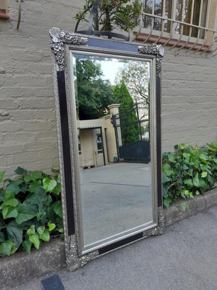 A French Baroque Style Large Bevelled Plate Black And Silver Leaf Mirror - Image 2