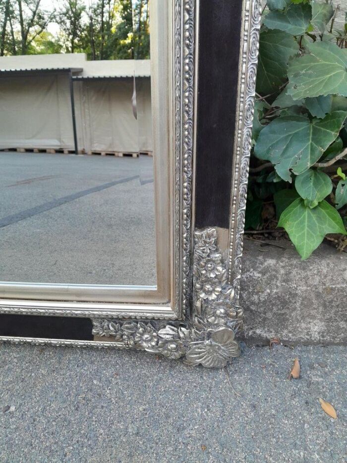A French Baroque Style Large Bevelled Plate Black And Silver Leaf Mirror - Image 3
