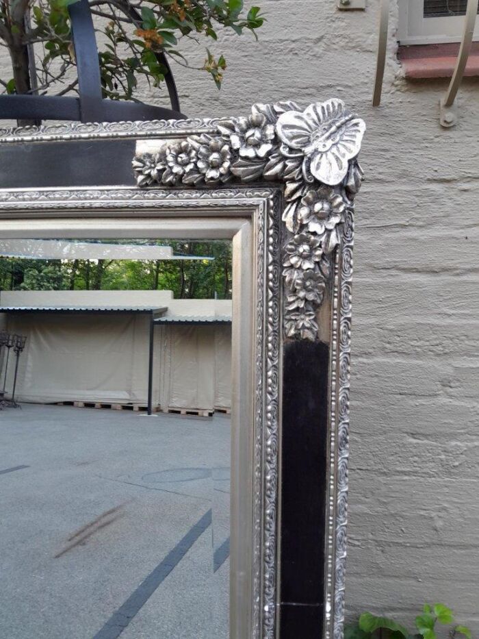 A French Baroque Style Large Bevelled Plate Black And Silver Leaf Mirror - Image 4