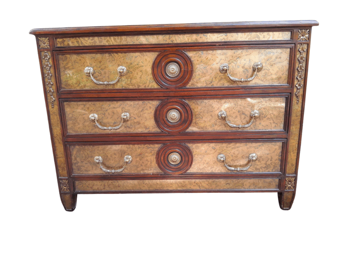 A Theodore Alexander Verre Églomisé Chest With Three Drawers And Brass Decoration