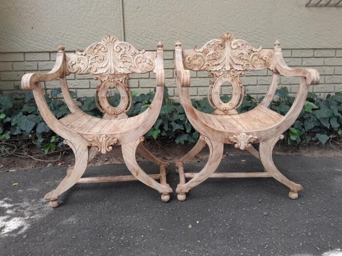 A 20th Century Pair of Carved Wooden Savonarola Chairs in a Bleached Contemporary Finish