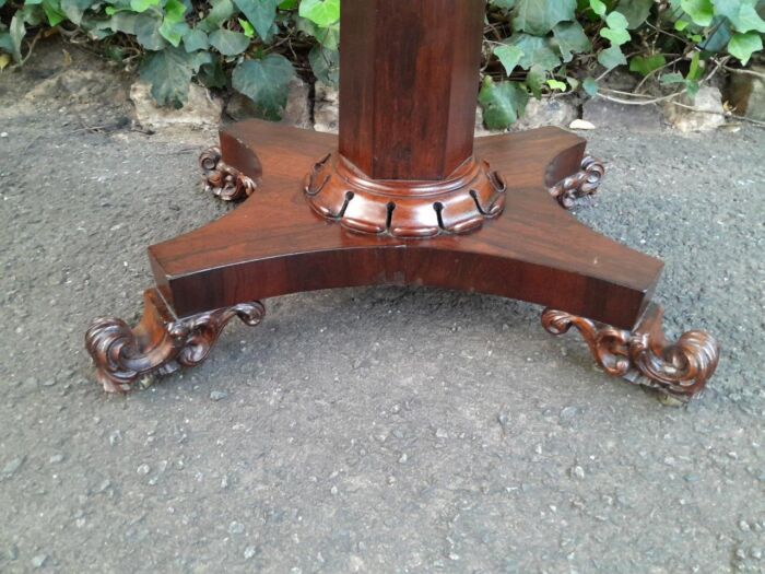 A Victorian rosewood swivel and tilt Card Table, on spreading hexagonal column to the concave platform base on knurl feet with castors - Image 7
