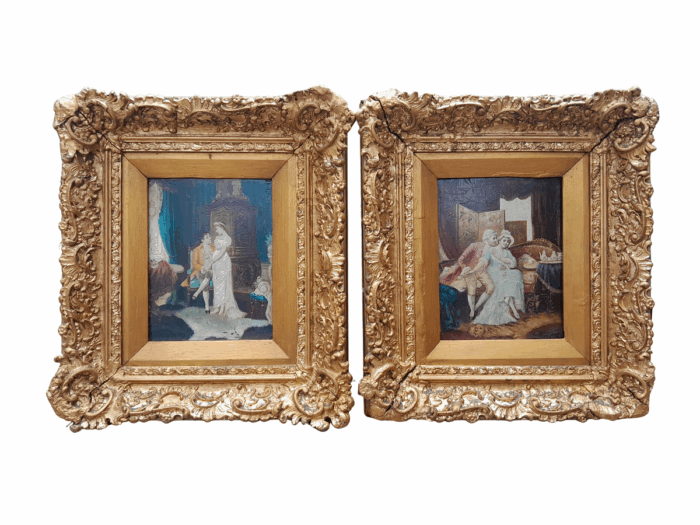 A 20th Century Pair Of Two Couples Oil Painting In Ornately Carved And Gilded Frames