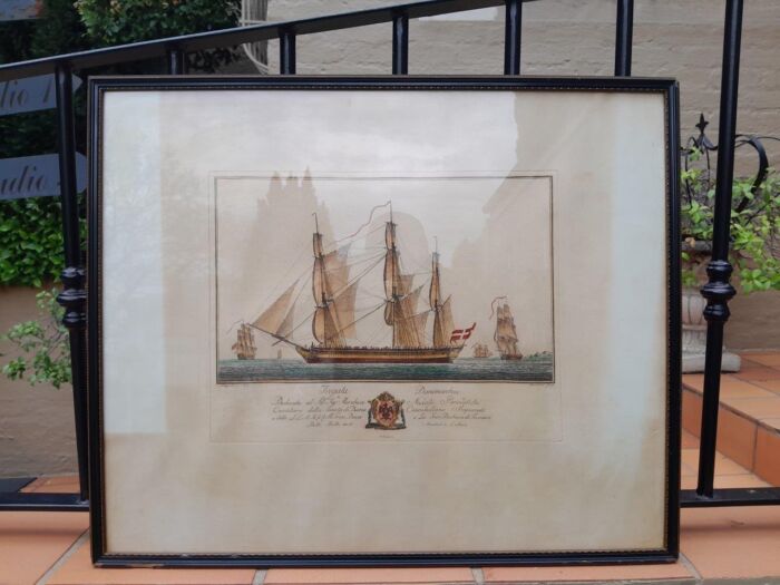 A Naval Study Engraving With Watercolour