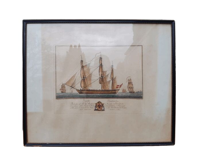 A Naval Study Engraving With Watercolour