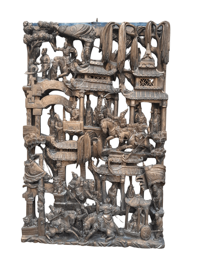 A Heavily Carved Wooden Chinese Giltwood Panel