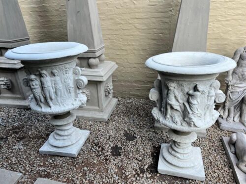 A Pair Of Large Figural Design Pots / Urns Finished In A Concrete Patina Colour