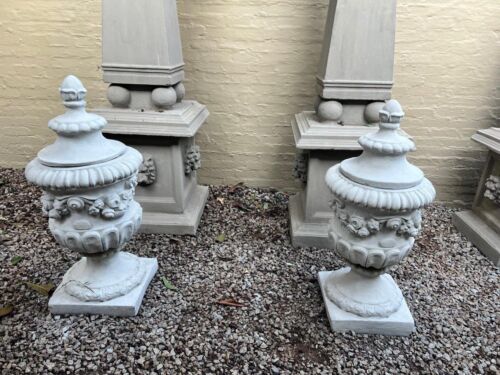 A Pair Of French Style Urns  With Lids Finished In A Concrete Patina Colour
