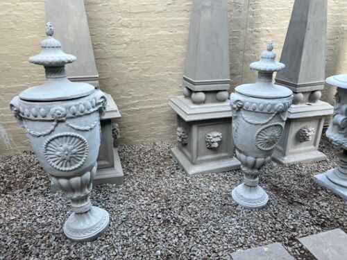 A  Pair Of  Large Concrete Urns With Lids Finished In A Concrete Patina Colour