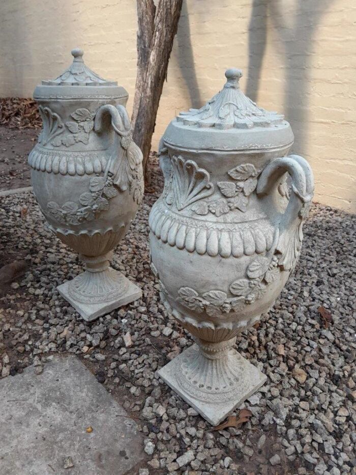 3 x pairs    A Pair of Urns with Handles and Lids Finished in a Concrete Patina Colour
