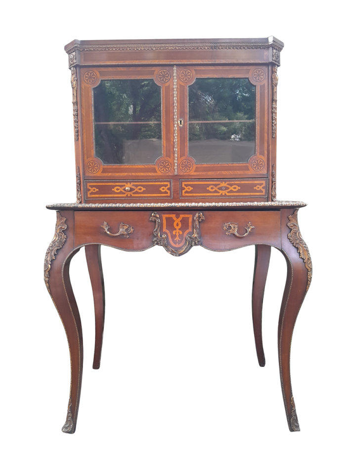 An Early 20th Century/Circa 1930 French Secretaire Inlaid And Gilt Metal In Two Parts With Glazed Doors