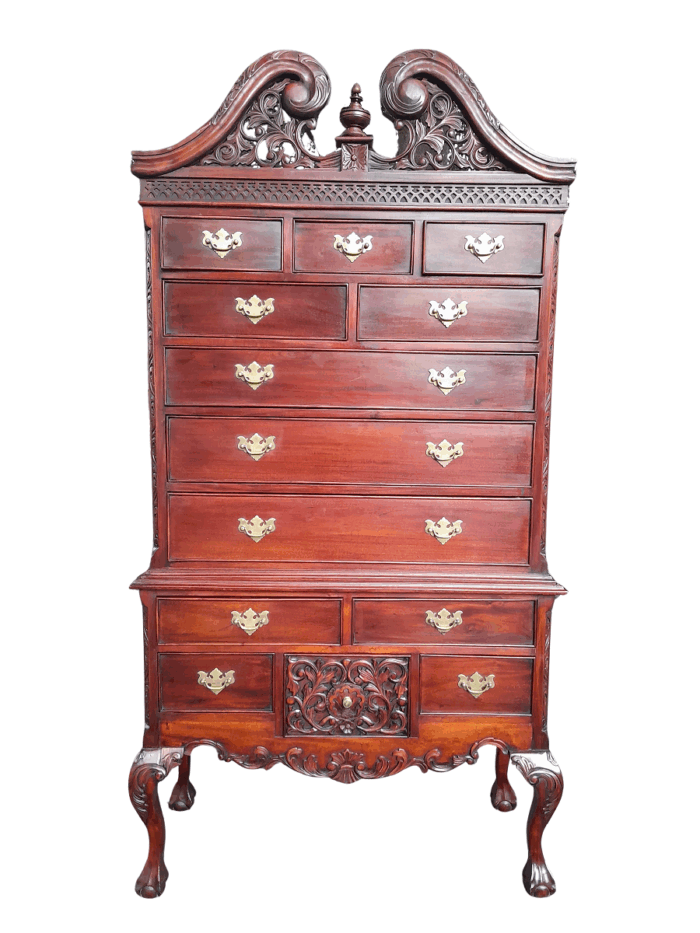 A 20th Century Queen Anne-Style Mahogany Highboy Chest On Chest In Two Parts With Brass Cut Escutcheons And Handles
