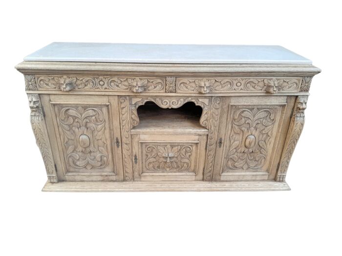 An Early 20th Century Heavily Carved Oak Sideboard / Buffet / Drinks Table With Two Drawers And Two Doors And Removable Middle Shelf In A Contemporary Bleached Finish