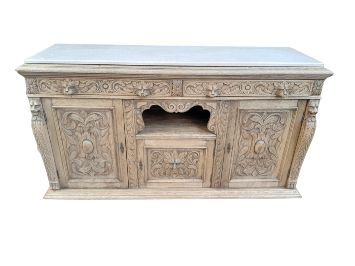 An Early 20th Century Heavily Carved Oak Sideboard / Buffet / Drinks Table With Two Drawers And Two Doors And Removable Middle Shelf In A Contemporary Bleached Finish