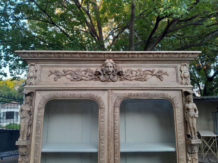 An Antique 19th Century Circa 1880 Large Renaissance-Revival European Oak Carved Bookcase / Cabinet With Glazed Glass Doors in a Contemporary Natural / Bleached Finish - Image 10