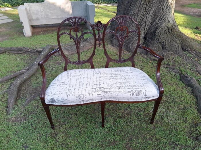 A Victorian Circa 1890 Carved Mahogany Settee Upholstered in a Custom Made Script Linen  for The Crown Collection - Image 2