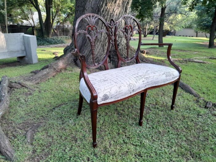 A Victorian Circa 1890 Carved Mahogany Settee Upholstered in a Custom Made Script Linen  for The Crown Collection - Image 4