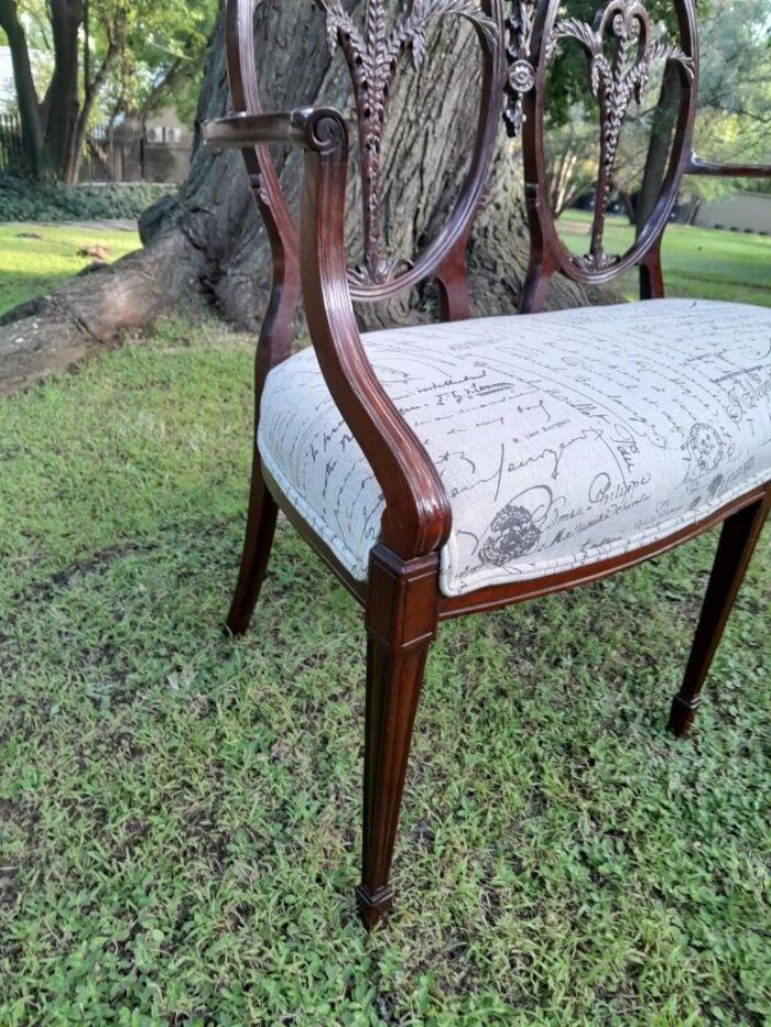 A Victorian Circa 1890 Carved Mahogany Settee Upholstered in a Custom Made Script Linen  for The Crown Collection - Image 5