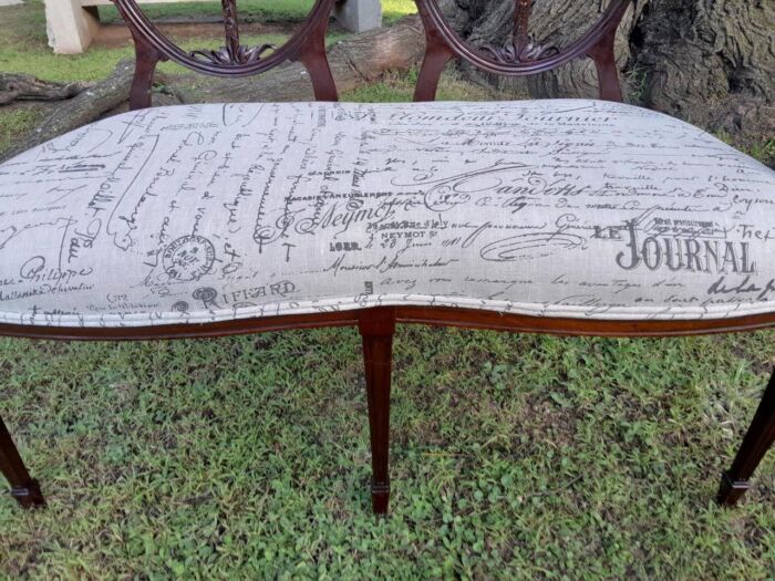 A Victorian Circa 1890 Carved Mahogany Settee Upholstered in a Custom Made Script Linen  for The Crown Collection - Image 6