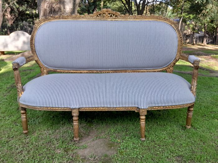 A 20th Century French Style Ornately Carved and Gilded Set Of Settee And a Pair Of Armchairs Upholstered in an Imported Fabric - Image 4
