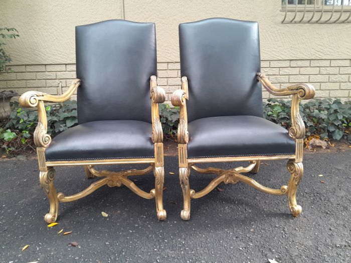 A 20TH Century French Louis XIV Style Carved And Hand Gilded in Gold Leaf Armchairs Upholstered In Leather - Image 2