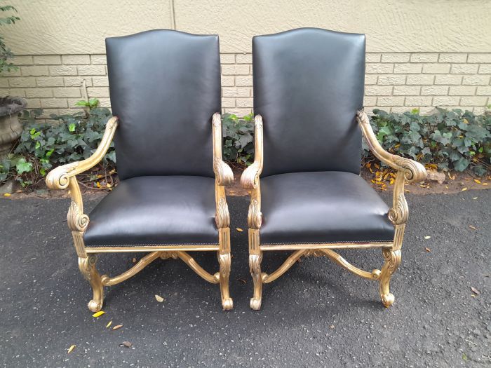 A 20TH Century French Louis XIV Style Carved And Hand Gilded in Gold Leaf Armchairs Upholstered In Leather - Image 3