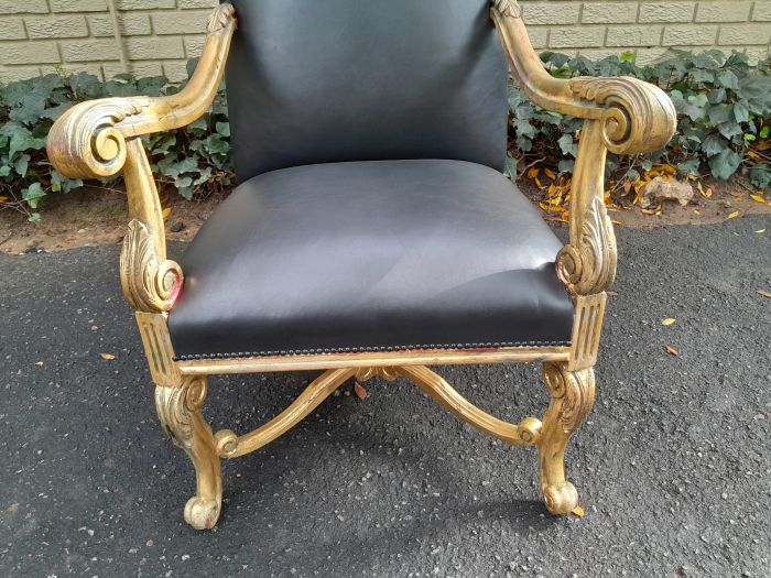 A 20TH Century French Louis XIV Style Carved And Hand Gilded in Gold Leaf Armchairs Upholstered In Leather - Image 6