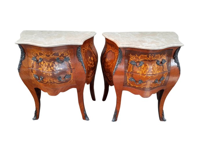 A 20th Century Pair of French Style Inlaid Mahogany Pedestals with Drawers and Marble Tops