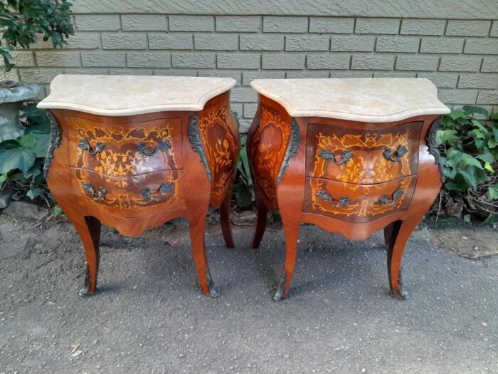 A 20th Century Pair of French Style Inlaid Mahogany Pedestals with Drawers and Marble Tops - Image 2