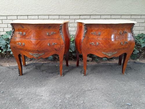 A 20th Century Pair of French Style Mahogany Bombe Pedestals with Marble Tops & Ormolu Mounts