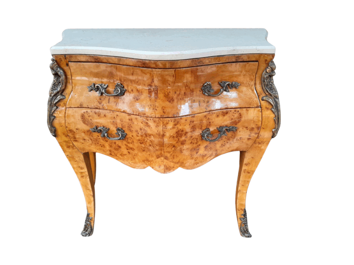 A 20th Century French Style Birds Eye Maple Bombe Chest of Drawers with Marble Top & Ormolu Mounts