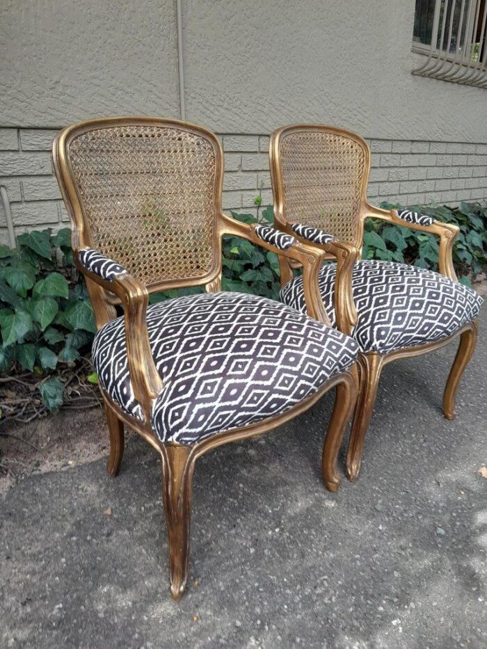 A Pair Of French Style Rattan And Carved Wooden Gilded Armchairs - Image 3