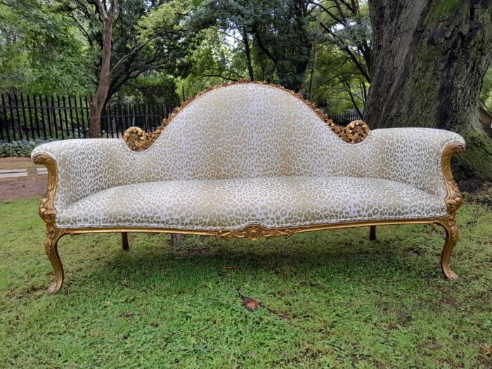 A Rare 20th Century Circa 1980 X French Rococo Style: Carved Wooden And Hand Gilded Settee Upholstered in a Custom-made Linen with Gold Print - Image 2