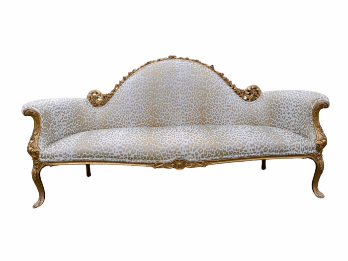 A Rare 20th Century Circa 1980 X French Rococo Style: Carved Wooden And Hand Gilded Settee Upholstered in a Custom-made Linen with Gold Print