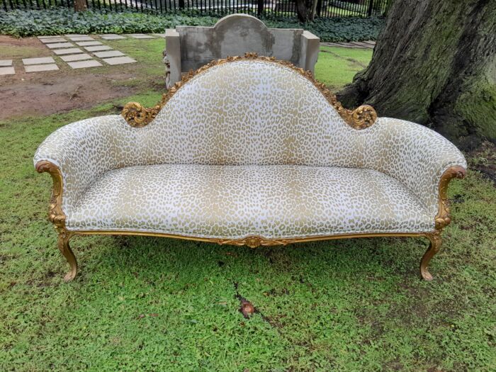 A Rare 20th Century Circa 1980 X French Rococo Style: Carved Wooden And Hand Gilded Settee Upholstered in a Custom-made Linen with Gold Print - Image 3