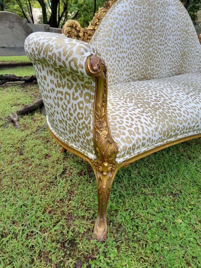 A Rare 20th Century Circa 1980 X French Rococo Style: Carved Wooden And Hand Gilded Settee Upholstered in a Custom-made Linen with Gold Print - Image 6