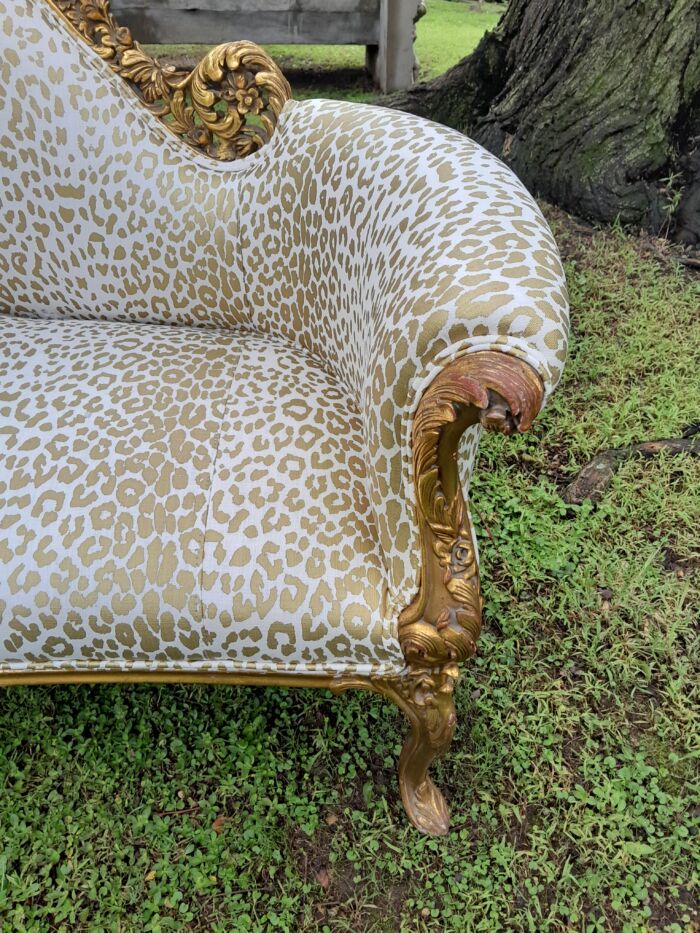 A Rare 20th Century Circa 1980 X French Rococo Style: Carved Wooden And Hand Gilded Settee Upholstered in a Custom-made Linen with Gold Print - Image 8