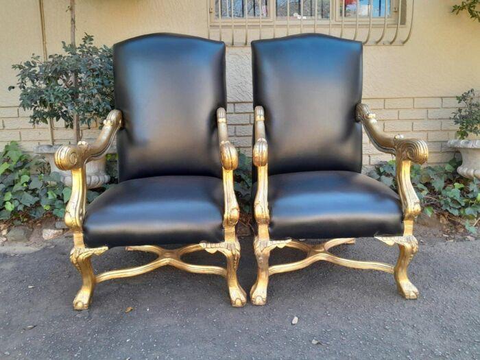 A Pair Of French Louis XIV Style Hand Gilded Armchairs Upholstered In Leather - Image 2