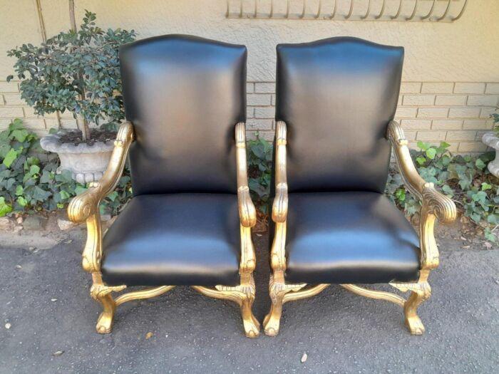 A Pair Of French Louis XIV Style Hand Gilded Armchairs Upholstered In Leather - Image 3