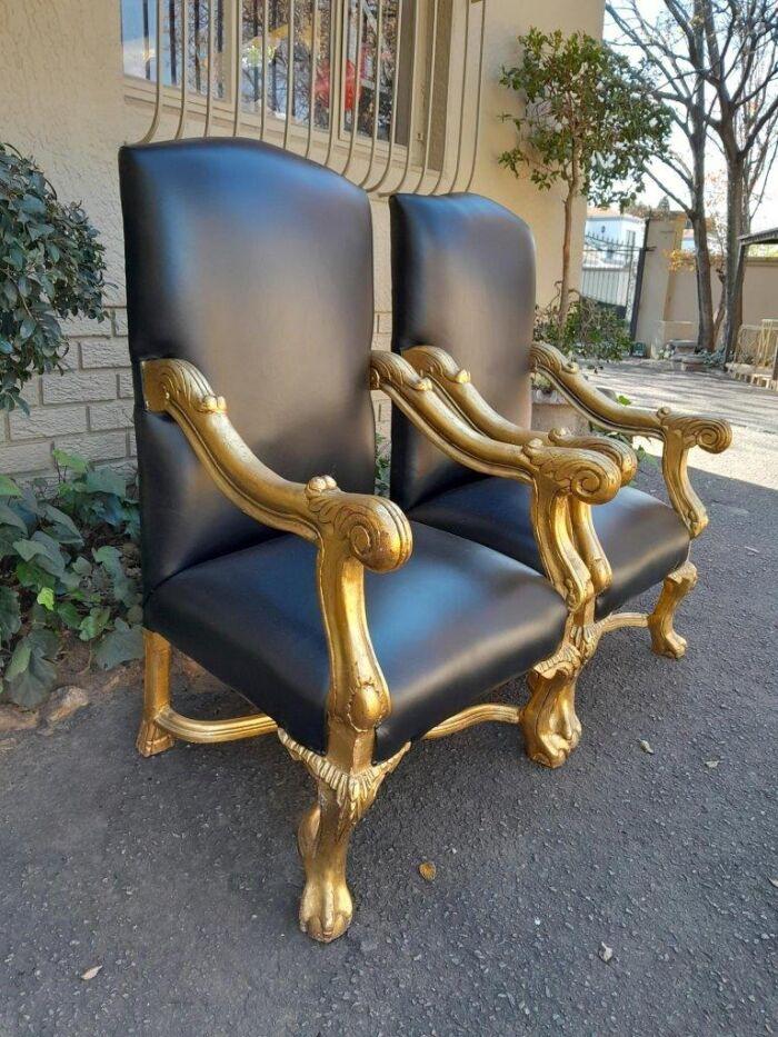 A Pair Of French Louis XIV Style Hand Gilded Armchairs Upholstered In Leather - Image 5