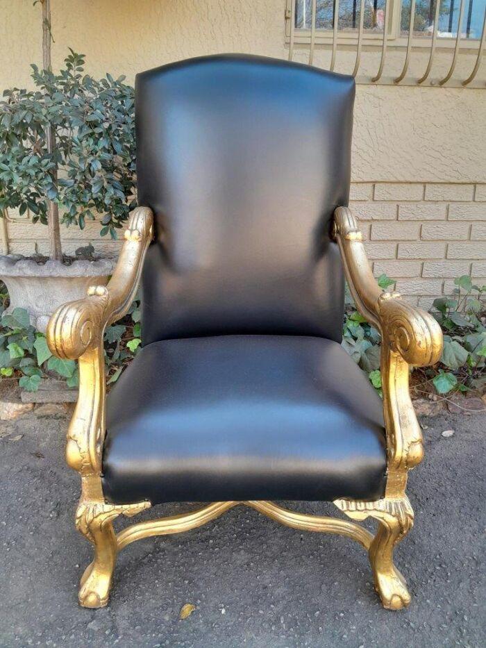A Pair Of French Louis XIV Style Hand Gilded Armchairs Upholstered In Leather - Image 6