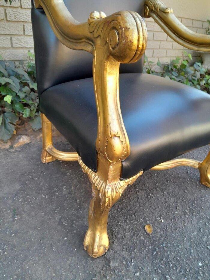 A Pair Of French Louis XIV Style Hand Gilded Armchairs Upholstered In Leather - Image 7